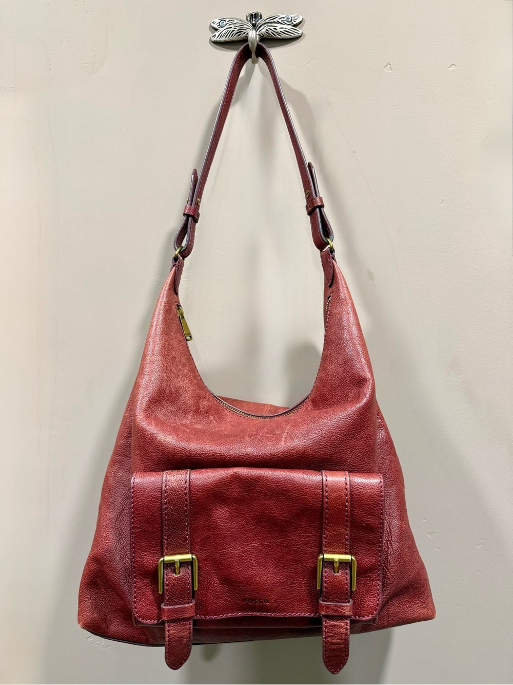 ✨ Fossil Burgundy Leather Shoulder Bag Slouchy Buckle Pocket Boho ✨